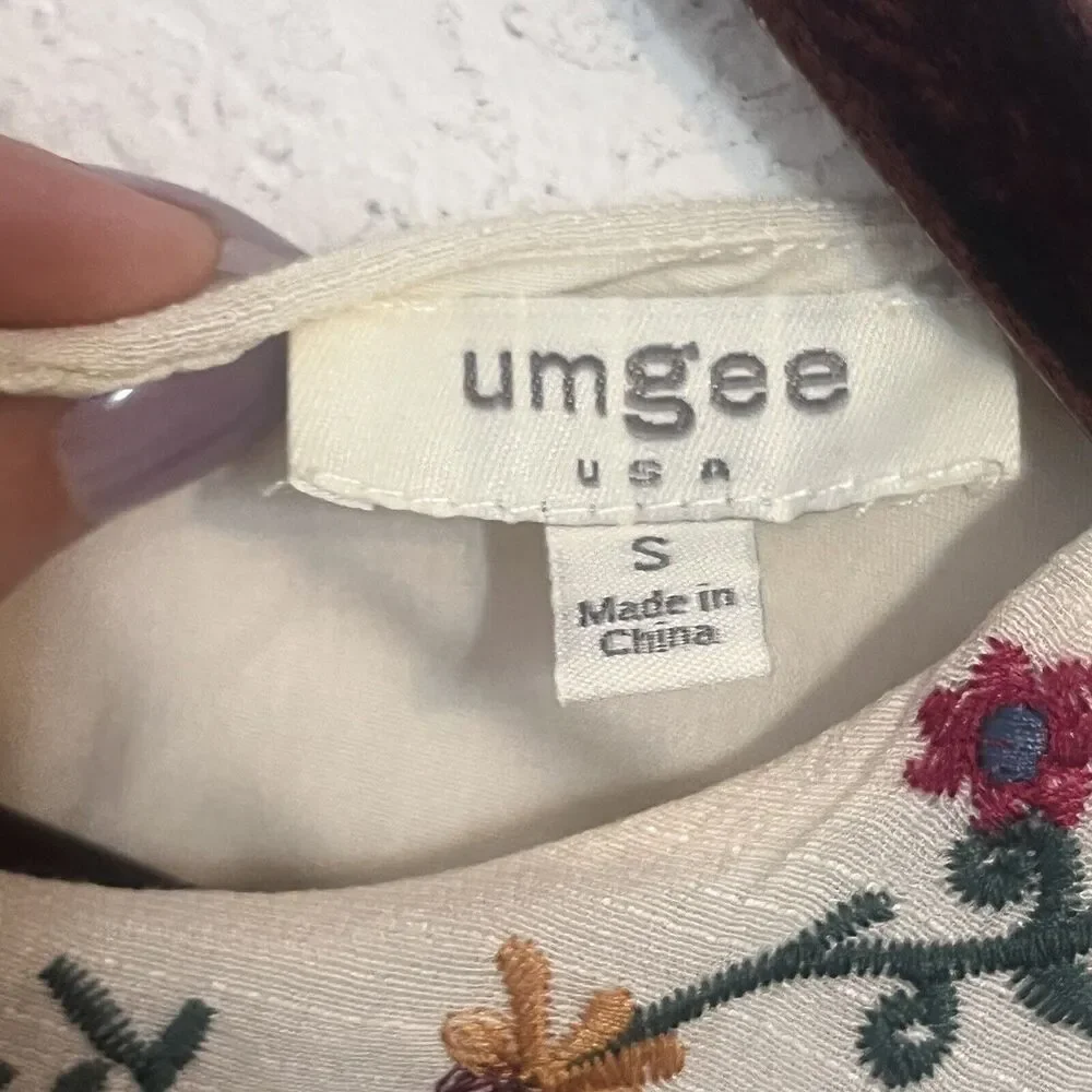Umgee Boho Mini Dress Ivory Floral Embroidered Peasant 3/4 Bell Sleeves Size S - Picture 7 of 10